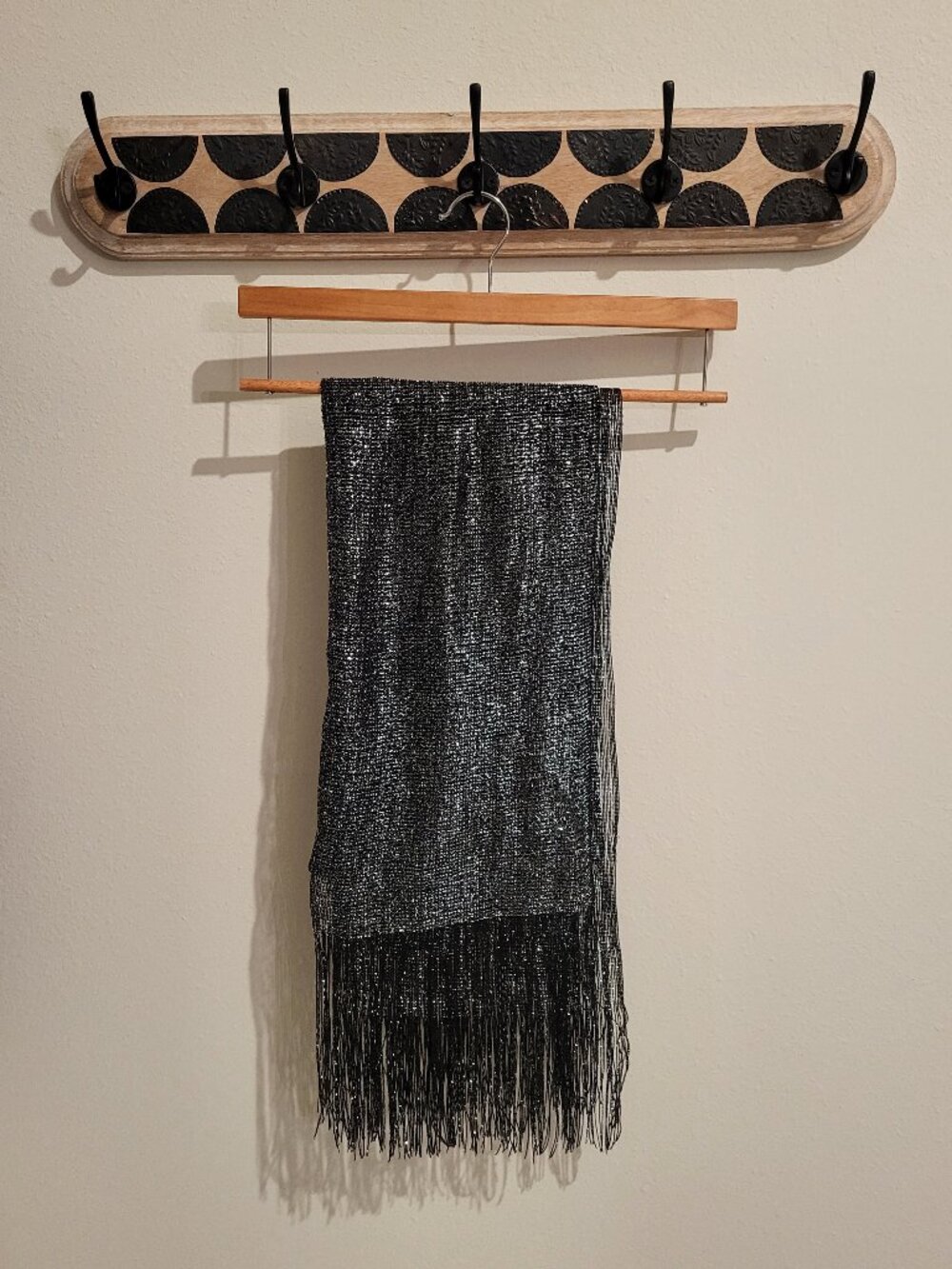 Sheer Black Shimmer Vintage Fringe Scarf